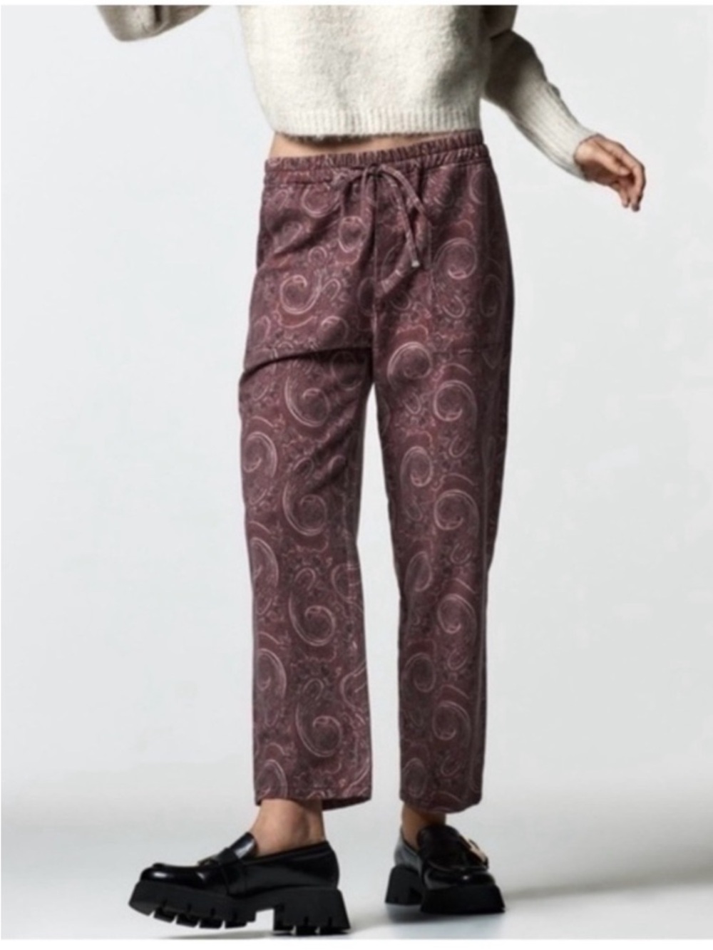Zara Paisley Drawstring Denim Pants Size S Purple